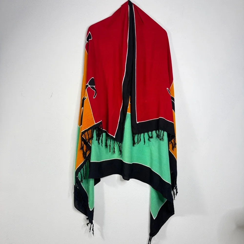 Womens OS Sarong Wrap Scarf Multicolor Batik Dancing Figures Fringe Boho